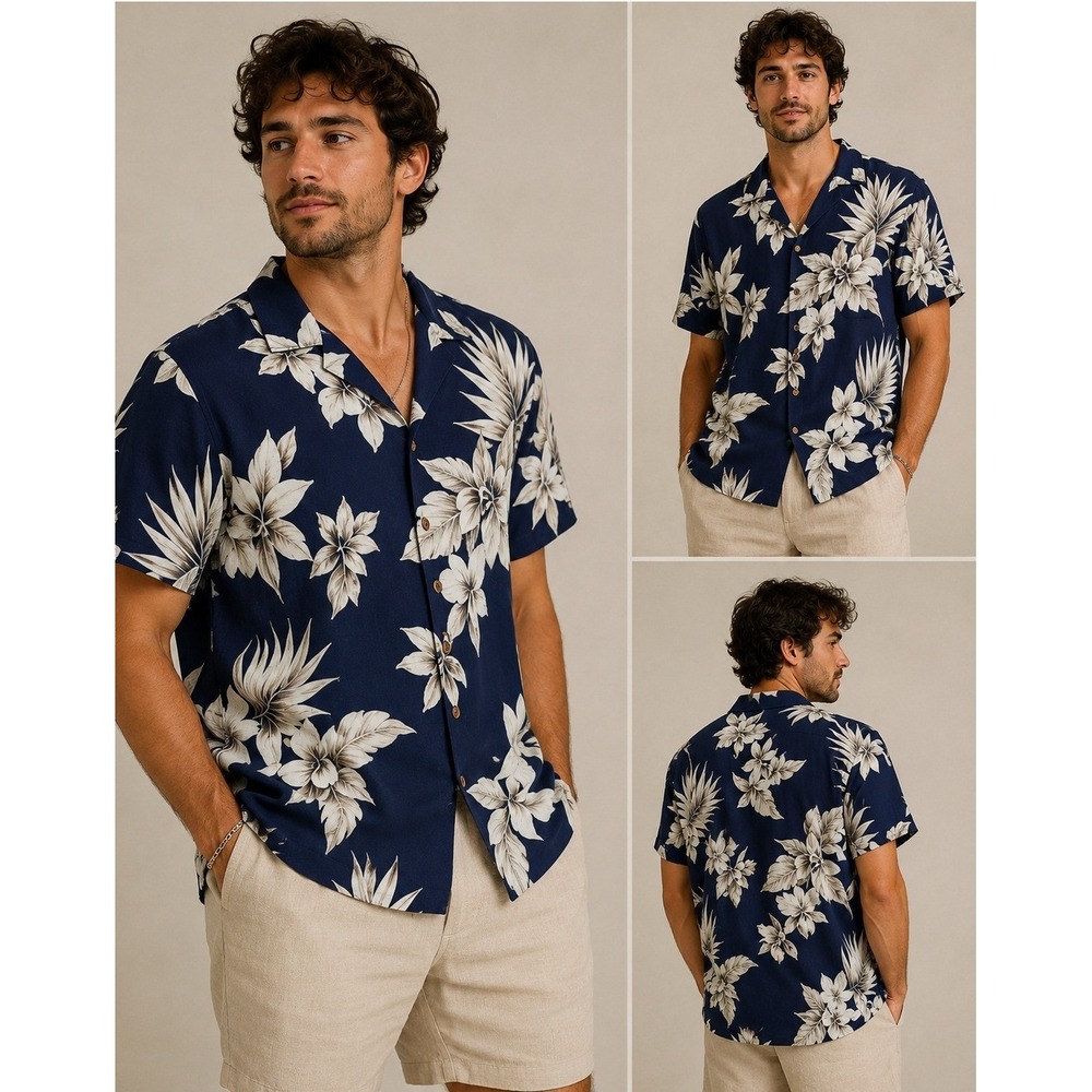 Vintage Bishop St. Apparel Navy Blue Floral Hawaiian Shirt Mens Large Made in HI